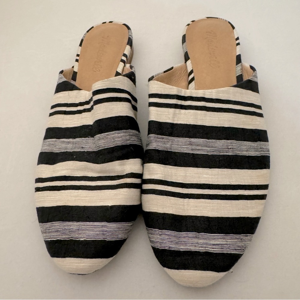Madewell The Cassidy Mule In Evelyn Black White Stripe Open Back Linen Slide On